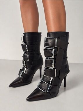 Alcetas Chocolate Brown Buckle Strap Pointed Toe Stiletto Ankle Boots NIB